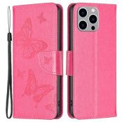 iPhone 14 Pro Plånboksfodral Butterflies Imprinted - Magenta