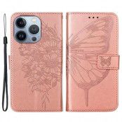 iPhone 14 Pro Plånboksfodral Butterfly Flower Imprinted - Rosa Guld