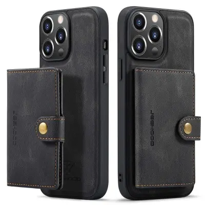 JEEHOOD iPhone 14 Pro Konstläder Plånboksfodral Retro Stöttålig 2-i-1 Svart