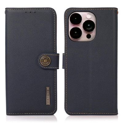 KHAZNEH iPhone 14 Pro Plånboksfodral RFID Äkta Läder - Blå