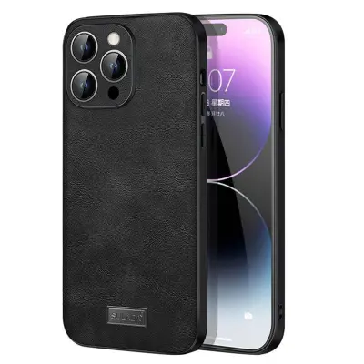 SULADA iPhone 14 Pro Mobilskal i PU Läder med Crazy Horse Textur - Svart