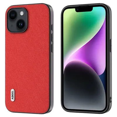 ABEEL iPhone 14 Cross Texture Mobilskal Äkta Läder och TPU - Röd