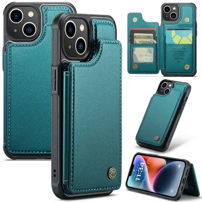 CASEME C22 iPhone 14 Fodral Konstläder med RFID, Grön