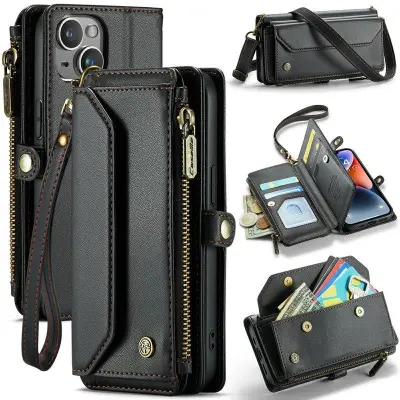 CASEME Plånboksfodral Konstläder för iPhone 14 med kortfack - Svart