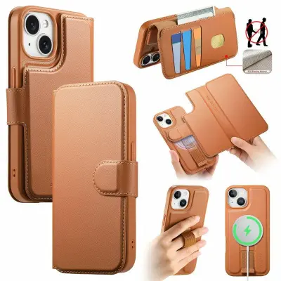 CASENEO iPhone 14 Plånboksfodral Magnetiskt RFID-Skydd Konstläder - Brun
