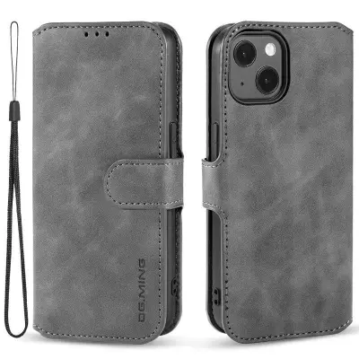 DG.MING iPhone 14 Konstläder Plånboksfodral Retro Stil Magnetisk Stängning Grå