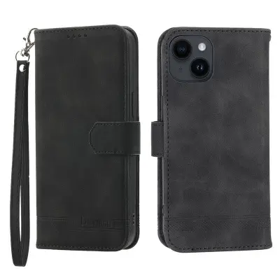 DIERFENG DF-03 Plånboksfodral för iPhone 14 i Impr. Konstläder - Svart