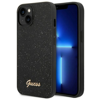 GUESS iPhone 14 Skal Glitter Skal Flakes Script Metal Logo - Svart