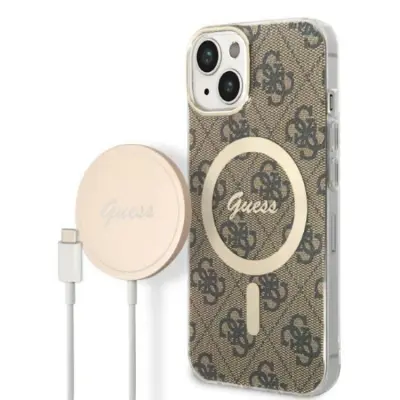 GUESS iPhone 14 Magsafe Skal 4G Print + Trådlös Laddare - Brun