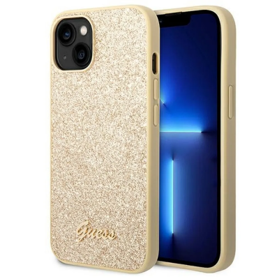 GUESS iPhone 14 Skal Glitter Flakes Script Metal Logo - Guld