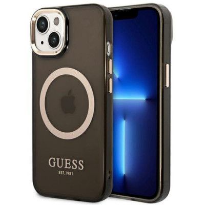 GUESS iPhone 14 Skal Magsafe Gold Outline Translucent - Svart