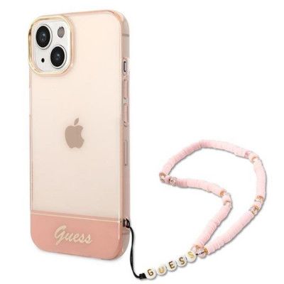 GUESS iPhone 14 Skal Translucent Pearl Strap - Rosa