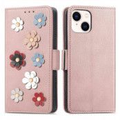 iPhone 14 Plånboksfodral Flower Decor Magnetic - Rosa Guld