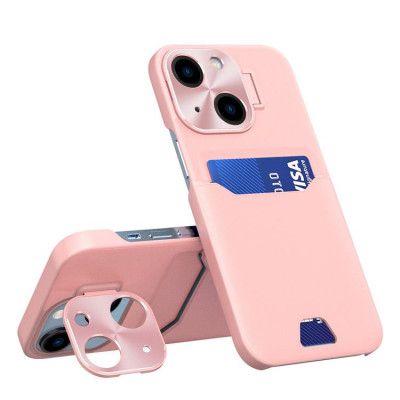 iPhone 14 Skal Korthållare Läder Kickstand - Rosa
