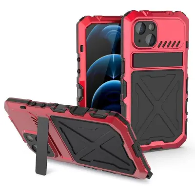 R-JUST iPhone 14 Mobilskal Kickstand Silikon + Metall Röd