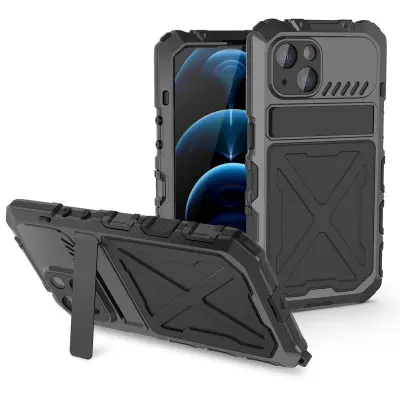 R-JUST iPhone 14 Mobilskal Kickstand Silikon + Metall Svart