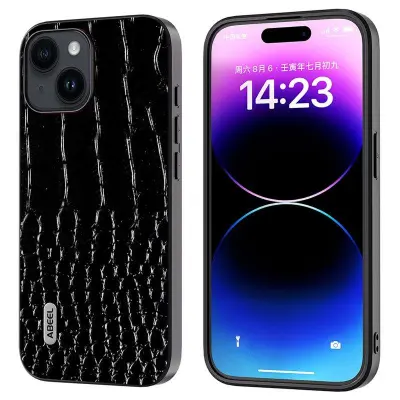 ABEEL iPhone 15 Plus Mobilskal Äkta Läder Krokodiltextur Svart