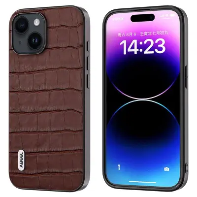 ABEEL iPhone 15 Plus Mobilskal Äkta Läder + PC Krokodil Brun