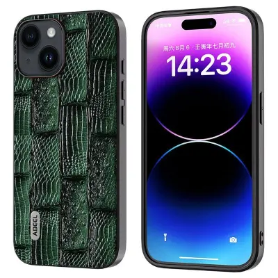 ABEEL iPhone 15 Plus Plånboksfodral Mahjong Textur Grön Äkta läder