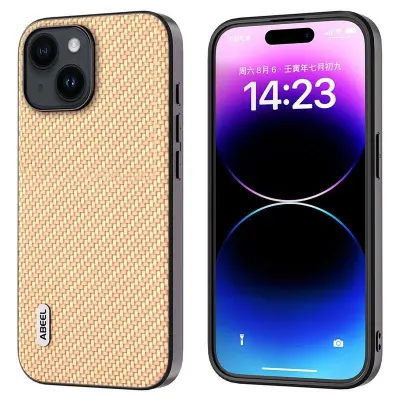ABEEL iPhone 15 Plus Mobilskal Carbon Fiber Gul PU Läder