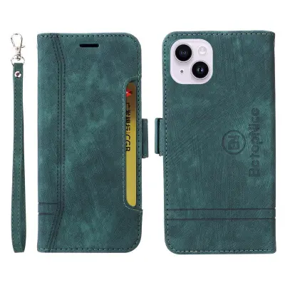 BETOPNICE 001 iPhone 15 Plus Plånboksfodral Konstläder - Stöd - Grön
