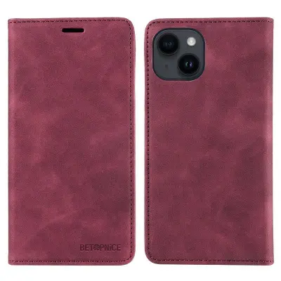 BETOPNICE 003 iPhone 15 Plus Plånboksfodral Konstläder - Röd