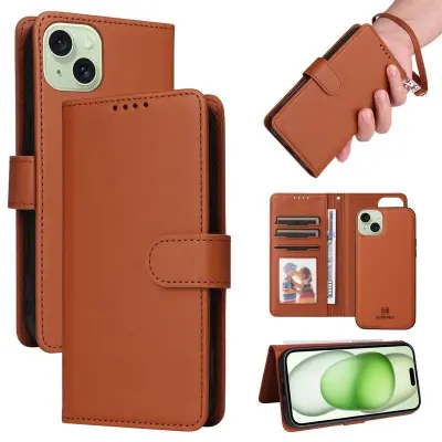 BETOPNICE iPhone 15 Plus Plånboksfodral - Avtagbart Konstläder - Brun
