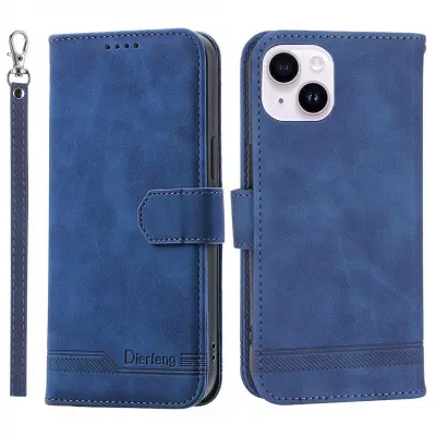 DIERFENG DF-03 Plånboksfodral i Konstläder för iPhone 15 Plus - Blå