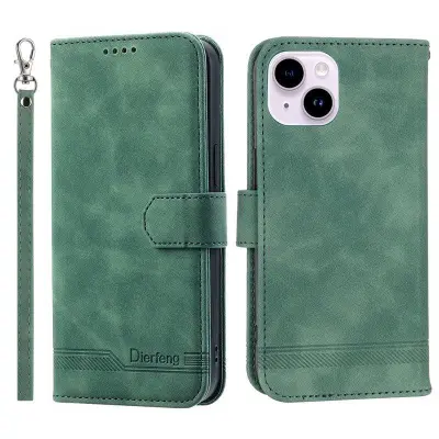 DIERFENG DF-03 Plånboksfodral i Konstläder för iPhone 15 Plus - Grön