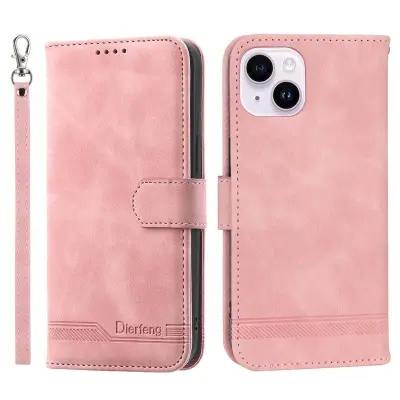 DIERFENG DF-03 Plånboksfodral i Konstläder för iPhone 15 Plus - Rosa