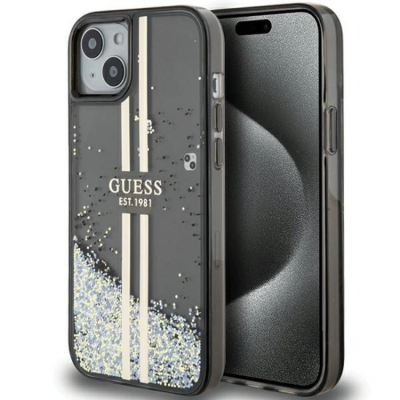 Guess iPhone 15 Plus Mobilskal Liquid Glitter Gold Stripes