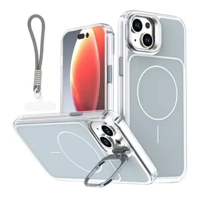 iPhone 15 Plus Mobilskal MagSafe Lens Kickstand med Handrem - Grå (Grå)