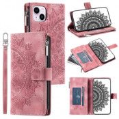 iPhone 15 Plus Plånboksfodral Mandala Flower Imprinted - Rosa Guld