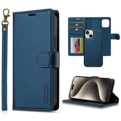 LC.IMEEKE L2 Series iPhone 15 Plus Plånboksfodral Konstläder - Blå