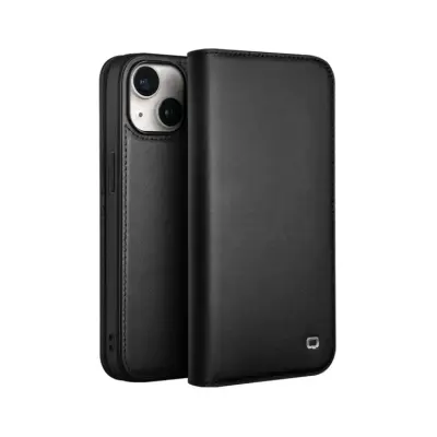 QIALINO iPhone 15 Plus Plånboksfodral Äkta läder - Svart