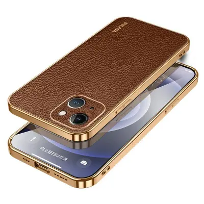 SULADA iPhone 15 Plus Mobilskal Electroplaterad PU Läder Brun