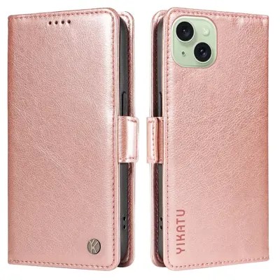 YIKATU iPhone 15 Plus Konstläder Plånboksfodral Litchi Texture - Roséguld