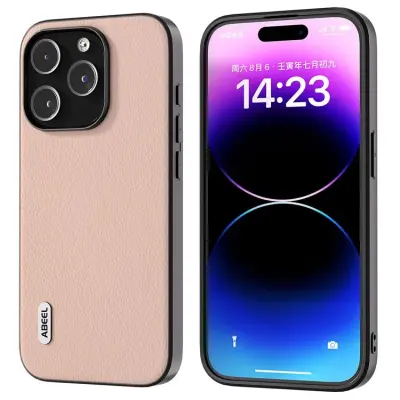 ABEEL iPhone 15 Pro Max Mobilskal Äkta Läder Litchi - Rosa