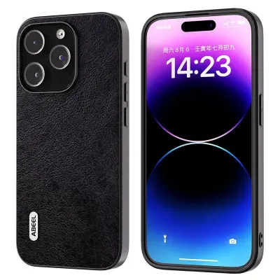 ABEEL iPhone 15 Pro Max Skal Litchi Textur PU Läder Svart