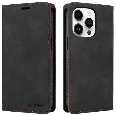 BETOPNICE 003 iPhone 15 Pro Max Plånboksfodral TPU + Konstläder - Svart