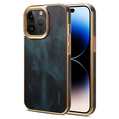 DENIOR iPhone 15 Pro Max Fodral Äkta Läder + PC + TPU Blå