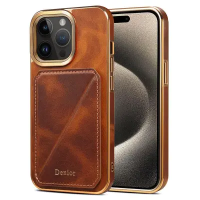 DENIOR iPhone 15 Pro Max Mobilskal Kortfodral Äkta Läder TPU PC - Brun