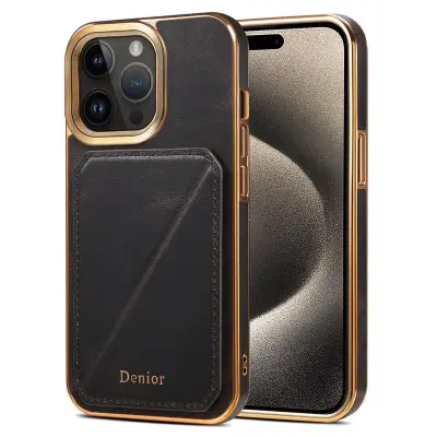 DENIOR iPhone 15 Pro Max Fodral Kortfodral Äkta Läder TPU PC - Svart