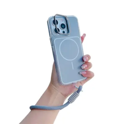 iPhone 15 Pro Max Mobilskal MagSafe Lens Kickstand med Handrem - Grå (Grå)