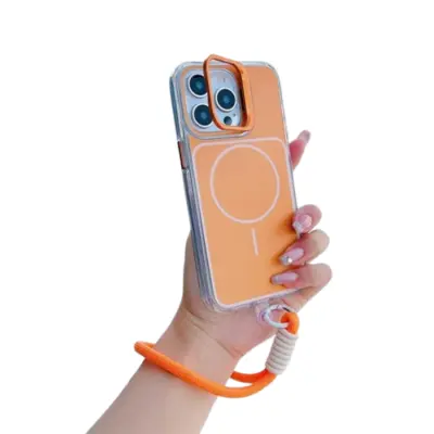 iPhone 15 Pro Max Mobilskal MagSafe Lens Kickstand med Handrem - Orange (Orange)