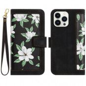 iPhone 15 Pro Max Plånboksfodral Flower Pattern - Svart