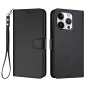 iPhone 15 Pro Max Plånboksfodral Läder med Handledsrem - Svart