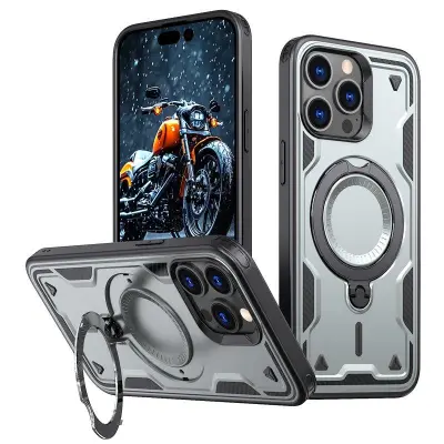 iPhone 15 Pro Max Skal Plast Militärskydd Kickstand - Grå