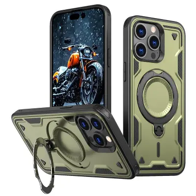 iPhone 15 Pro Max Skal Plast Militärskydd Kickstand - Olive Green