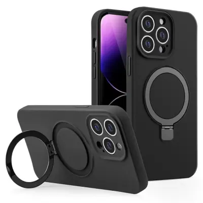 Mobilskal för iPhone 15 Pro Max Liquid Silikon Magnetisk Kickstand - Svart